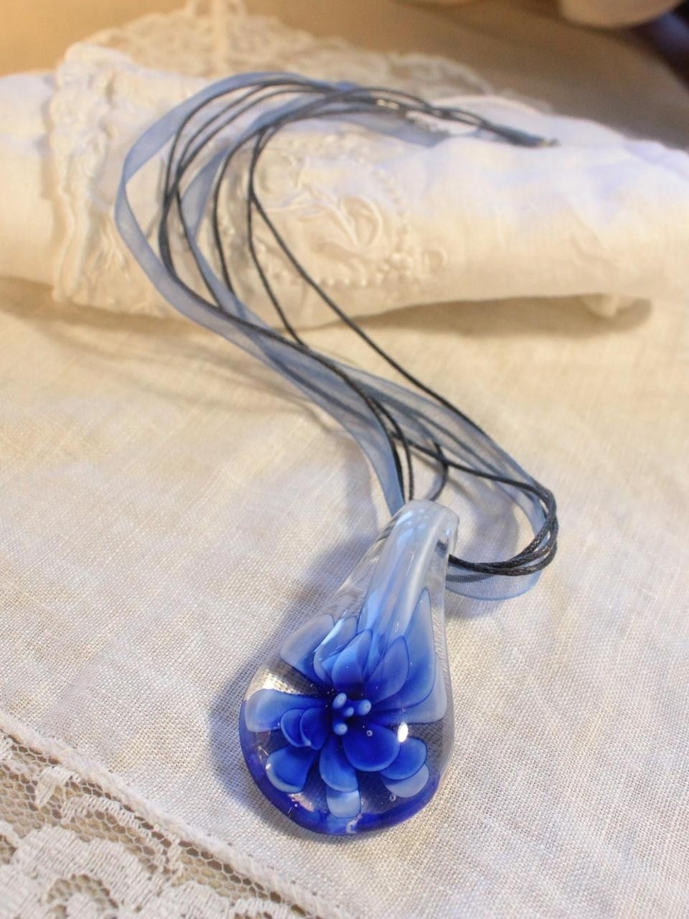 Handmade Blown Blue Glass Flower Teardrop Necklace